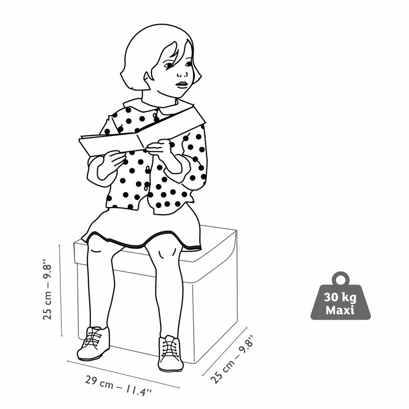 A drawing of a girl sitting on a Djeco Seat Toy Box - Caravan.