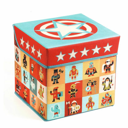 A Djeco Seat Toy Box - Stars with superheroes on it.