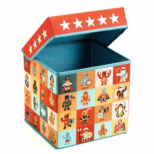 A wooden Djeco Seat Toy Box - Stars with superheroes on it.