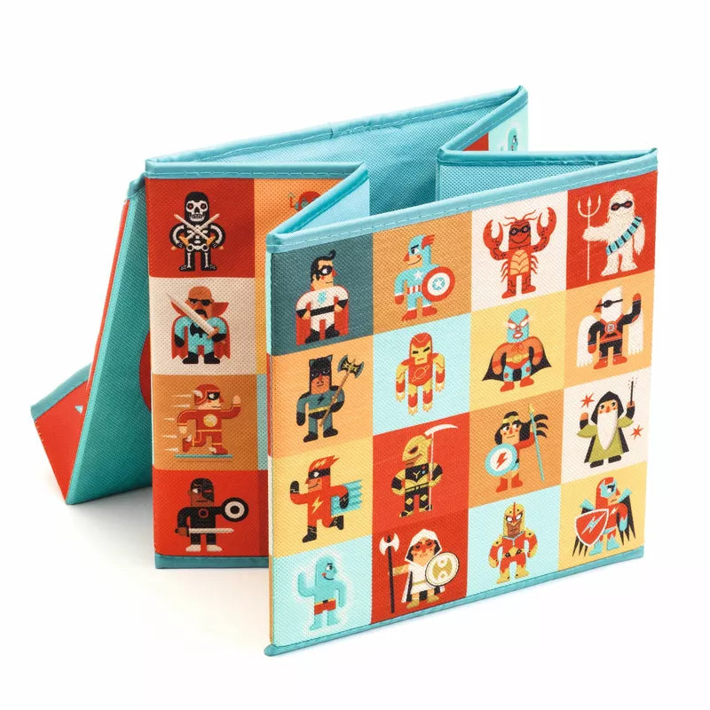 A Djeco Seat Toy Box - Stars with a variety of superheroes on it, designed to fit perfectly into a storage box.