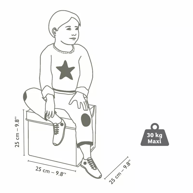 A drawing of a child sitting on a Djeco Seat Toy Box - Stars.