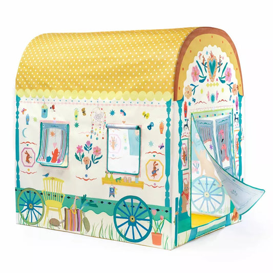 Sentence with Product Name: A Djeco TentS Caravan with a toy wagon on it.