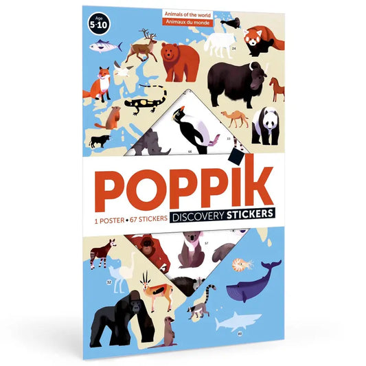 Cover of the Poppik Discovery Sticker Poster – Animals of the World, showing colorful illustrated animals such as a gorilla, penguin, whale, and bear, with world map stickers displayed on the front.