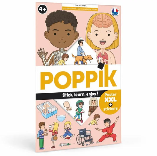 The Poppik Discovery Sticker Poster – Human Body features cartoon human body and organ illustrations, an XXL poster, and educational stickers. The cover reads “Stick, learn, enjoy!” Suitable for ages 4+.