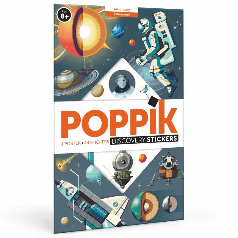 The Poppik Discovery Sticker Poster – Astronomy is for ages 8+ and includes 1 astronomy poster with illustrations of astronauts, planets, rockets, satellites, and space objects, plus 44 educational stickers for exploring the solar system.