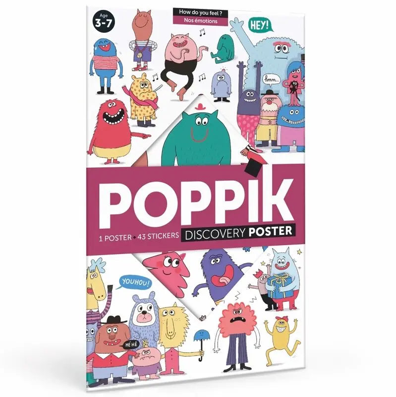 The image displays a vibrant "Poppik Discovery Sticker Poster – Emotion" for ages 3-7, featuring illustrated monsters with different facial expressions. The educational kit includes 1 bilingual poster and 43 emotion-themed stickers.