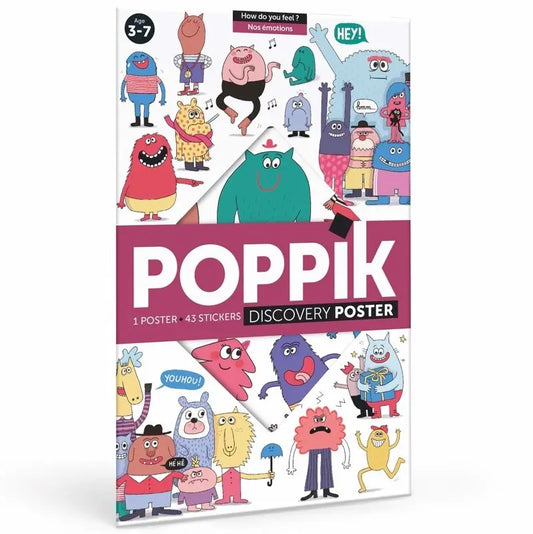 The image displays a vibrant "Poppik Discovery Sticker Poster – Emotion" for ages 3-7, featuring illustrated monsters with different facial expressions. The educational kit includes 1 bilingual poster and 43 emotion-themed stickers.
