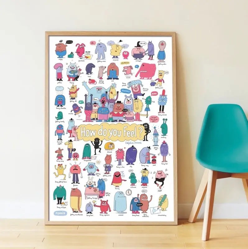 The Poppik Discovery Sticker Poster – Emotion displays illustrated cartoon characters with various emotions, propped against a beige wall near a bright turquoise chair on a wooden floor.