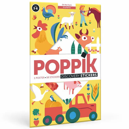 The Poppik Discovery Sticker Poster – Farm is a fun activity for ages 3-6, featuring a yellow farm scene with animals, a farmer, tractor, and crops. Includes 1 poster and 58 colorful stickers to place.