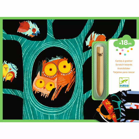 A set of Djeco Scratch Cards Learning About Animals in a tree with a pencil.