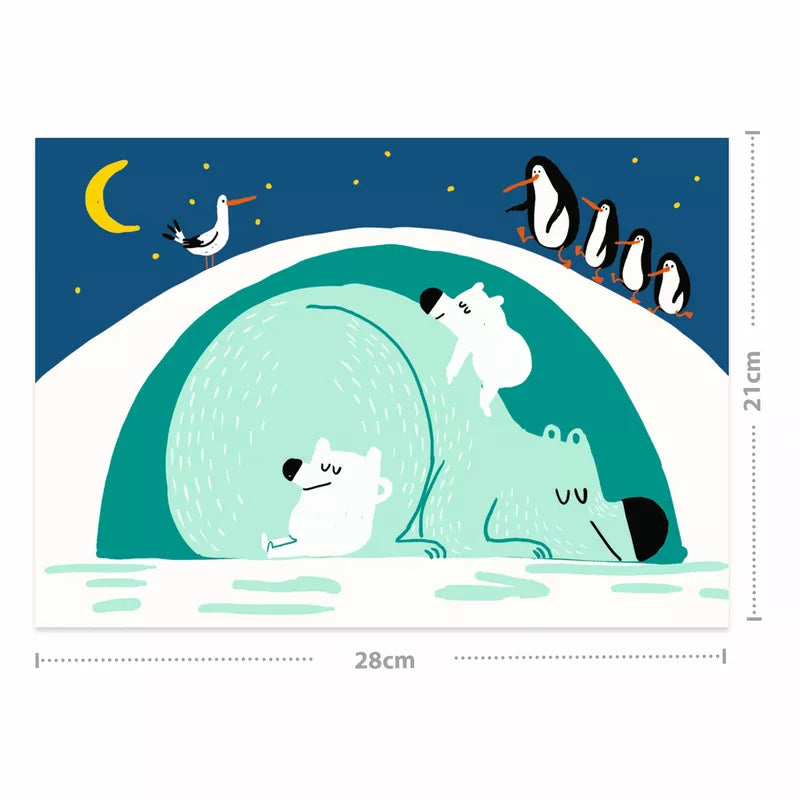 A picture of a polar bear and penguins sleeping in the snow, perfect for Djeco Scratch Cards Learning About Animals.
