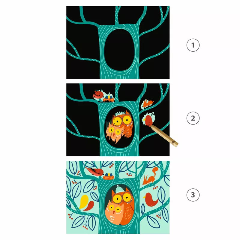 How to draw owls in a tree for children using Djeco Scratch Cards Learning About Animals.