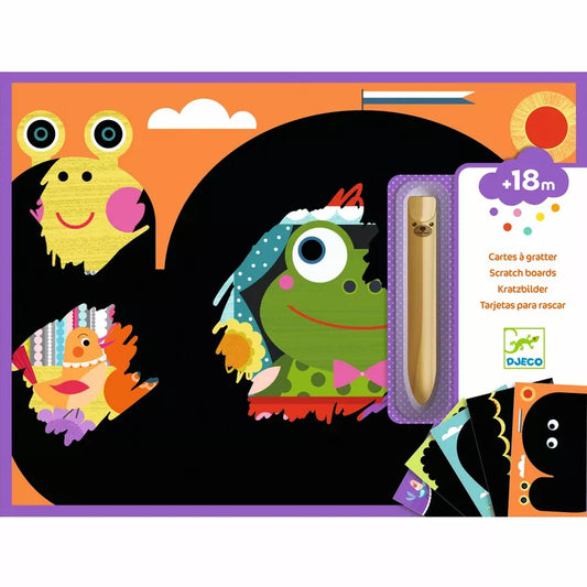 Djeco Scratch Cards It Is Fun To Discover with a frog, frogs, and a frog with a wooden stylus.