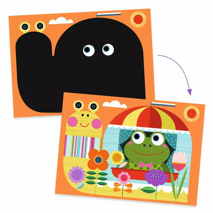A picture of a frog and a picture of an umbrella on Djeco Scratch Cards It Is Fun To Discover.