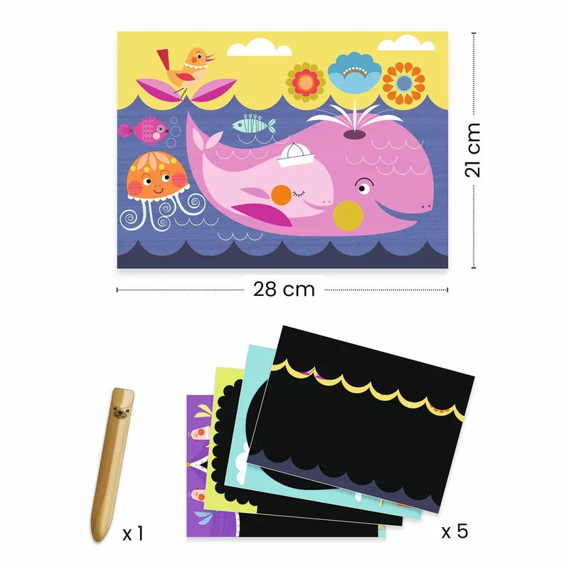 A set of Djeco Scratch Cards It Is Fun To Discover with a whale, octopus, and a wooden stylus.