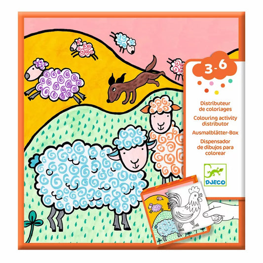 A box containing Djeco Colouring Farm sheets of a sheep and a dog.