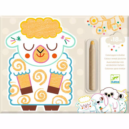 A Djeco Colouring Domestic animals toy box featuring a charming drawing of a sheep and equipped with a jumbo coloured pencil, suitable for children aged 18 months and above.