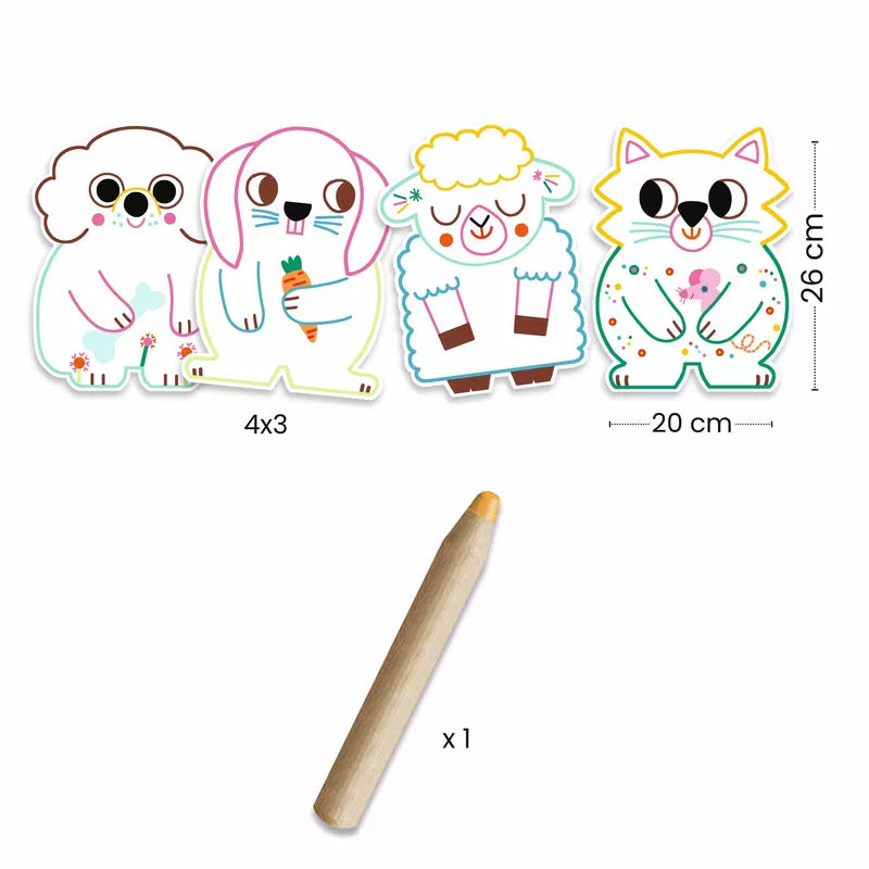 A set of Djeco Colouring Domestic animals stickers with a jumbo coloured pencil next to them, suitable for 18 months+.
