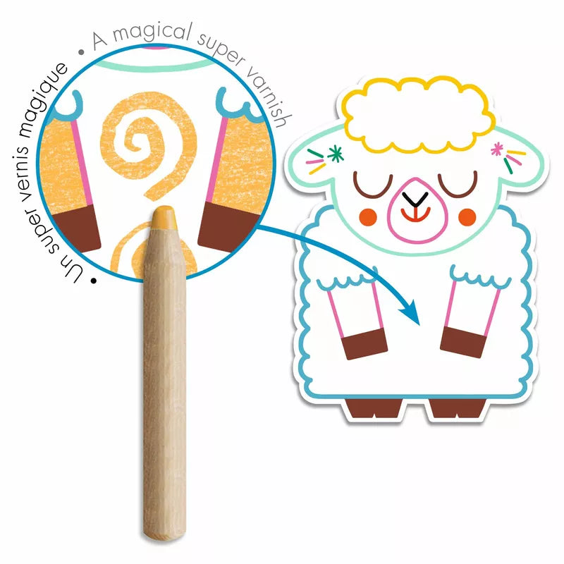A Djeco Colouring Domestic animals wooden stick with a drawing of a sheep, suitable for 18 months+ age range.
