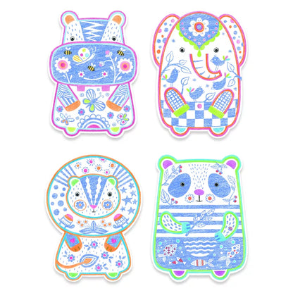 A set of four Djeco Colouring Wild Animals jumbo coloured pencil stickers with different animals on them.