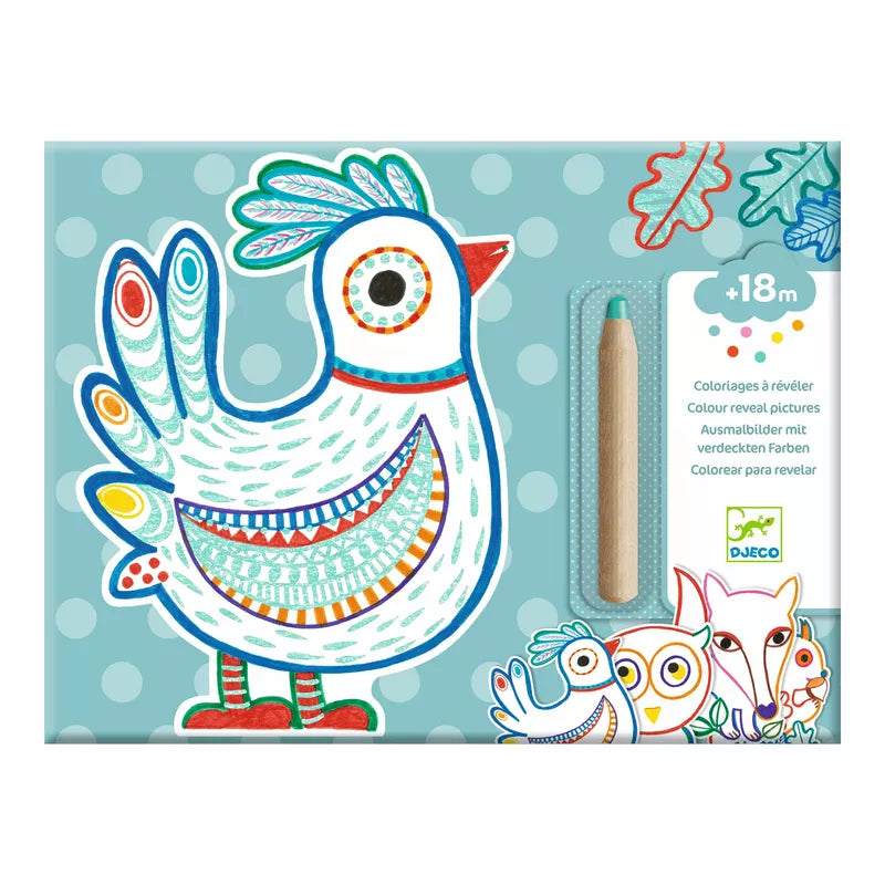 This Djeco Colouring Forest Friends toy box contains a vibrant jumbo coloured pencil with a magical effect, featuring a drawing of a rooster.