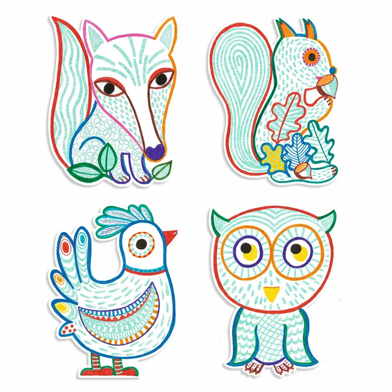 A set of Djeco Colouring Forest Friends featuring owls, foxes, and magic effect.