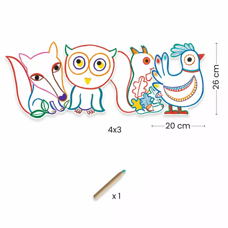 A captivating picture of an owl alongside the Djeco Colouring Forest Friends, creating a magical effect. The owl gracefully holds a jumbo colored pencil in its delicate claws, adding a whimsical touch to it.