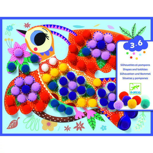 A colorful Djeco Collage Assortments bird with vibrant pom poms for children aged 3 to 6 years.