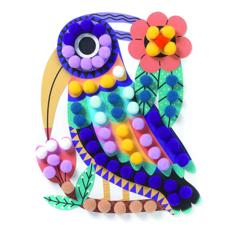 A colorful bird with pom poms and flowers, perfect for kids ages 3 to 6 years old. This adorable Djeco Collage Assortments is great for collage activities.