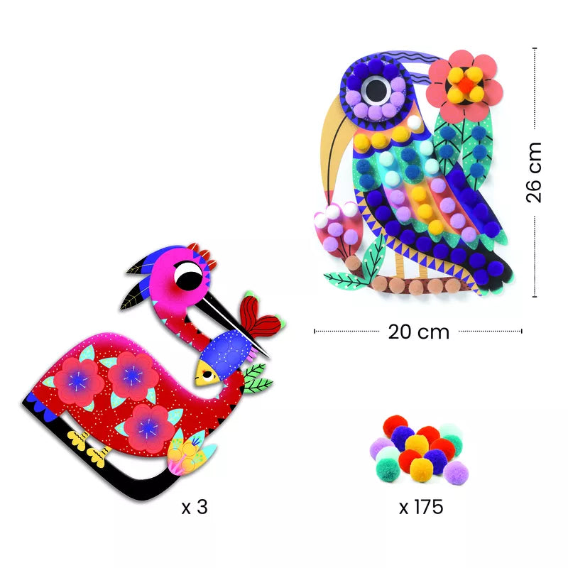 A colorful bird and a colorful flower, suitable for children aged 3 to 6 years, engaging in a Djeco Collage Assortments activity.