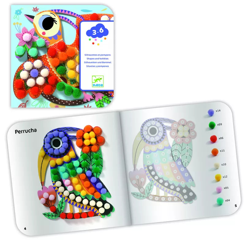 A colorful Djeco Collage Assortments with a colorful bird on it, perfect for children aged 3 to 6 years.