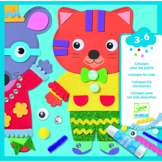 A children's craft kit featuring character shapes of Djeco Collage Little Sweethearts.