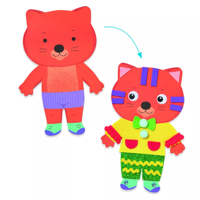 A red cat and a blue cat, made from Djeco Collage Little Sweethearts materials, are shown next to each other.