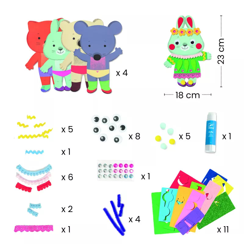 A Djeco Collage Little Sweethearts set for creating teddy bears using character shapes and materials.