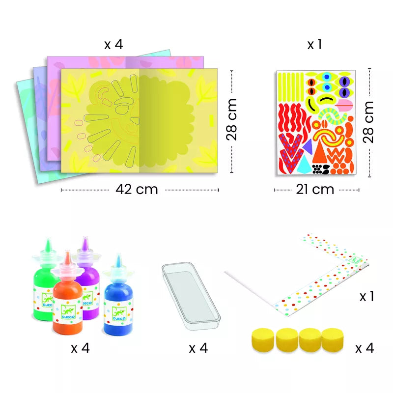 A Djeco Painting To Smooth And Squish set for a child's art project, including stickers of animals.