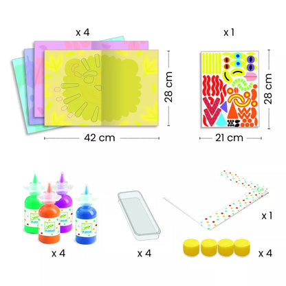 A Djeco Painting To Smooth And Squish set for a child's art project, including stickers of animals.