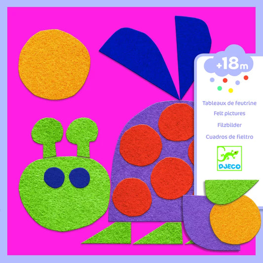 A vibrant set of Djeco Collage Soft Creations featuring a playful turtle, perfect for a collage activity or as a toy.