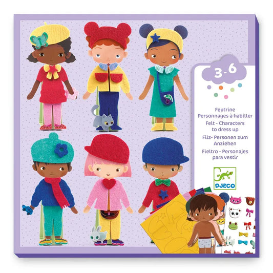 Introducing the Djeco Collages Soft dress-up set: a vibrant collection designed for young children, made from self-adhesive felt. This delightful set includes an array of characters adorned with different outfits, hats, and accessories, as well as a charming small cat and a boy swimming. The packaging highlights the "Djeco" brand and labels it as a creative toy suitable for ages 3 to 6.