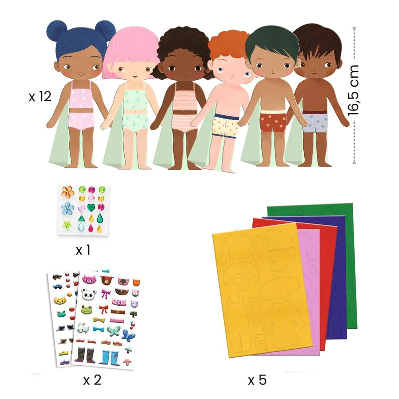 The Djeco Collages Soft Dress-Up kit features six diverse children illustrations in underwear with towels, each measuring 16.5 cm in height. This creative toy includes a sticker sheet, five colorful paper sheets with cutouts, and two sticker sets featuring various accessories and clothing for crafting imaginative outfits.