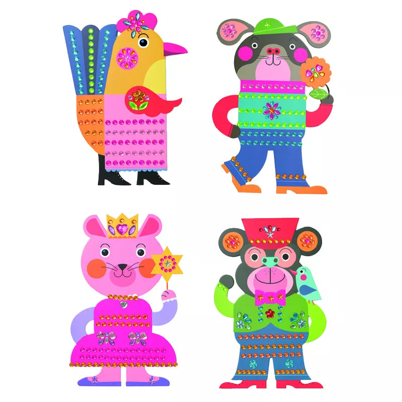 A collage activity featuring Djeco Stickers Sparkles adorned with sparkly gems and wearing crowns on their heads.