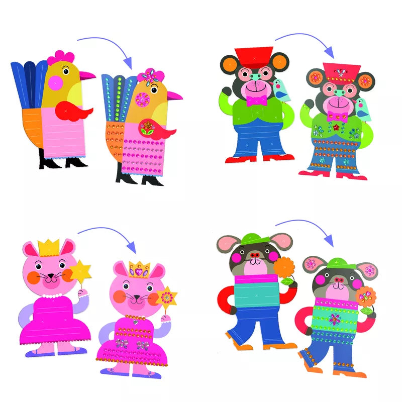 A set of four Djeco Stickers Sparkles, perfect for a creative collage activity or as an addition to your toy collection.