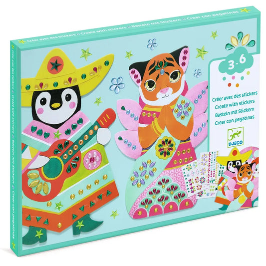 The Djeco Stickers Rhinestones set is a vibrant children's art box featuring a penguin playing a guitar and a tiger with maracas. It includes animal-shaped cards, sparkly gems, and an array of stickers to inspire creativity in children aged 3-6.