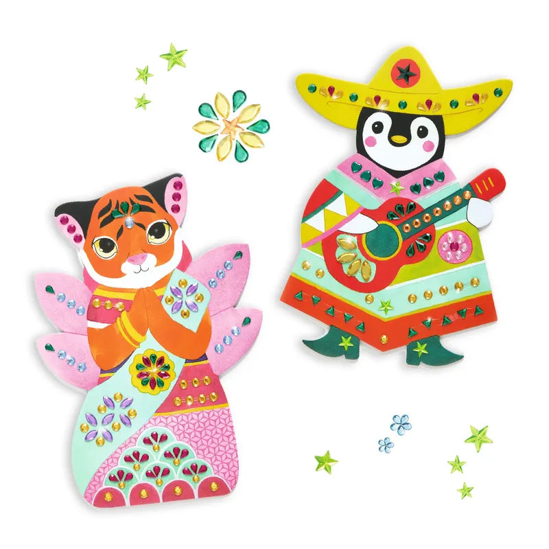 Featuring Djeco Stickers Rhinestones, this vibrant illustration showcases a cat and a penguin adorned in lively Mexican costumes, with the cat wearing a floral dress and the penguin strumming a guitar under a sombrero. The scene is surrounded by animal-shaped cards, bright patterns, decorative stars, and shimmering gems.