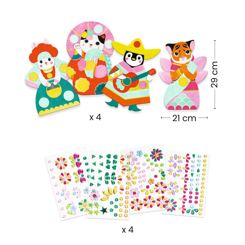 The Djeco Stickers Rhinestones set includes colorful animal figures, such as a rabbit, cat, penguin, and tiger, all adorned in vibrant cultural costumes. Each figure measures 29 cm in height and 21 cm in width. Additionally, the set comes with four sheets of decorative stickers featuring flowers and geometric patterns, ideal for a collage activity with sparkly gems.