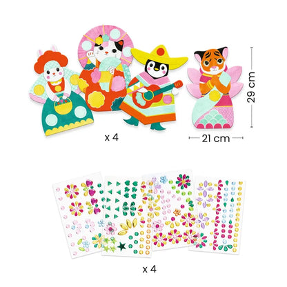 The Djeco Stickers Rhinestones set includes colorful animal figures, such as a rabbit, cat, penguin, and tiger, all adorned in vibrant cultural costumes. Each figure measures 29 cm in height and 21 cm in width. Additionally, the set comes with four sheets of decorative stickers featuring flowers and geometric patterns, ideal for a collage activity with sparkly gems.