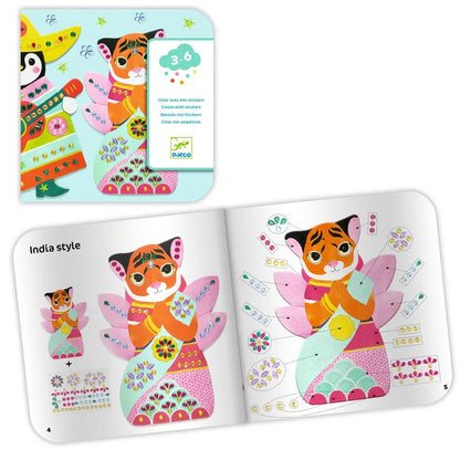 Explore the Djeco Stickers Rhinestones, a vibrant children's activity book that includes a sticker art project with a tiger motif embellished with sparkling gems. The cover showcases a penguin wearing a festive hat, and inside you'll find removable stickers perfect for crafting an eye-catching tiger illustration set against a lotus flower backdrop.