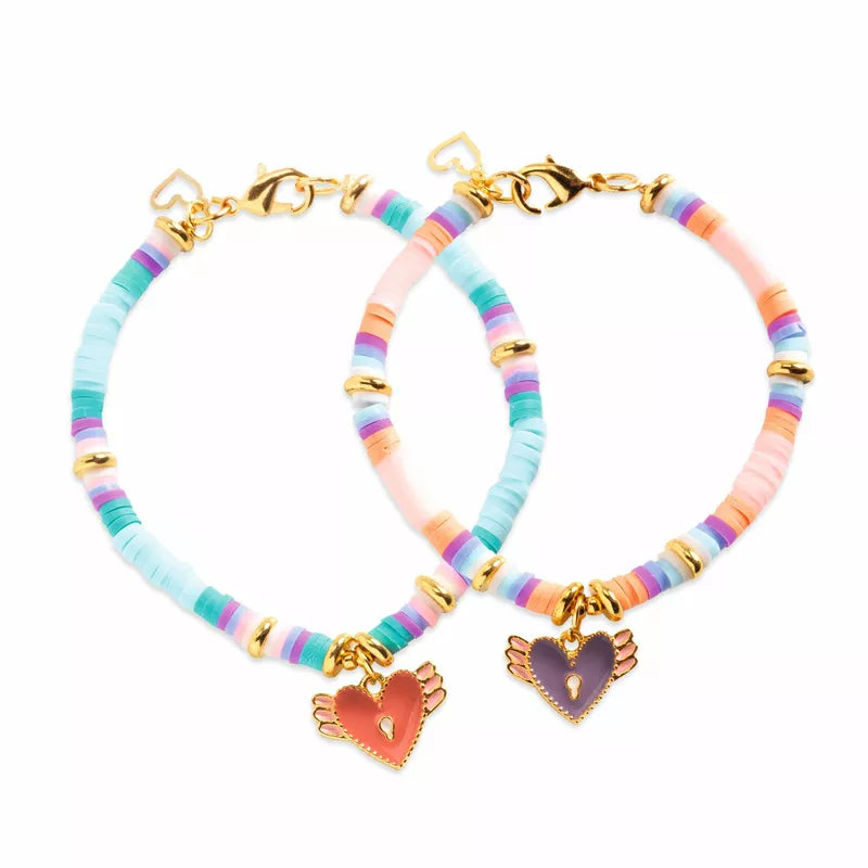 Two Djeco Duo Jewels Heart Heishi bracelets with hearts and charms on them.