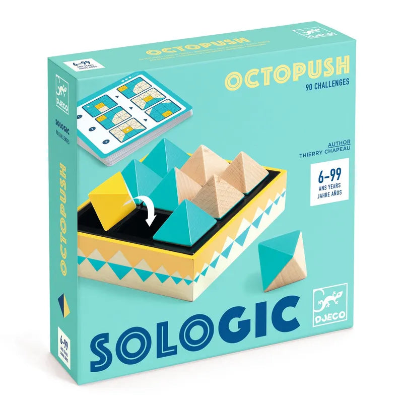 Box of the captivating game "Djeco Sologic OctoPush," showcasing 3D geometric shapes in teal and wood tones. The packaging highlights a logic-enhancing game board with pieces suitable for ages 6-99, evoking a modern twist on the classic Fifteen Puzzle design.