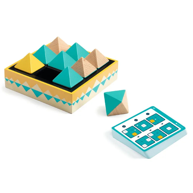 Discover the vibrant Djeco Sologic OctoPush 3D puzzle game featuring wooden pyramid pieces in blue, yellow, and natural tones. Arrange them in a square tray adorned with a geometric pattern to enhance your logic skills. Use the provided card for instructions or diagrams to guide your experience.