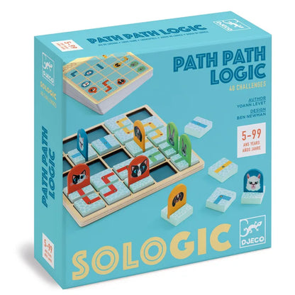 The image showcases the "Djeco Sologic Path Path Logic" board game. The box, featuring a vibrant design, displays the game setup on a wooden grid with path tiles. Ideal for family fun, it is suitable for ages 5 to 99 and offers 40 engaging challenges.